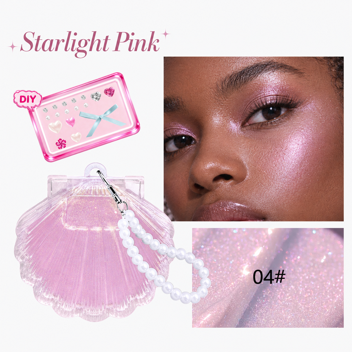Shell Bling Pearl Glow Highlighter Balm – Shimmer Makeup with Cute Seashell Compact & DIY Charms