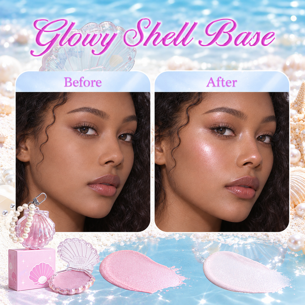 Shell Bling Pearl Glow Highlighter Balm – Shimmer Makeup with Cute Seashell Compact & DIY Charms
