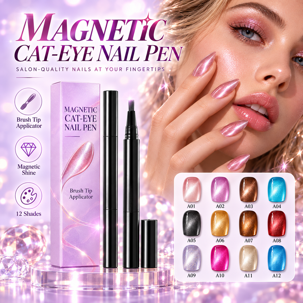 Magnetic Cat Eye Nail Polish Pen, Shimmer Glitter, 12 Colors, Easy DIY Nail Art