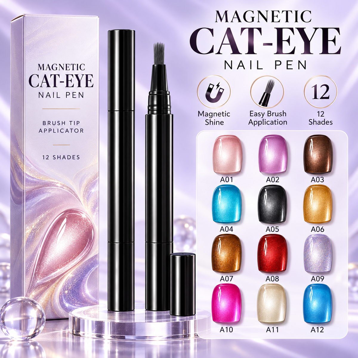 Magnetic Cat Eye Nail Polish Pen, Shimmer Glitter, 12 Colors, Easy DIY Nail Art