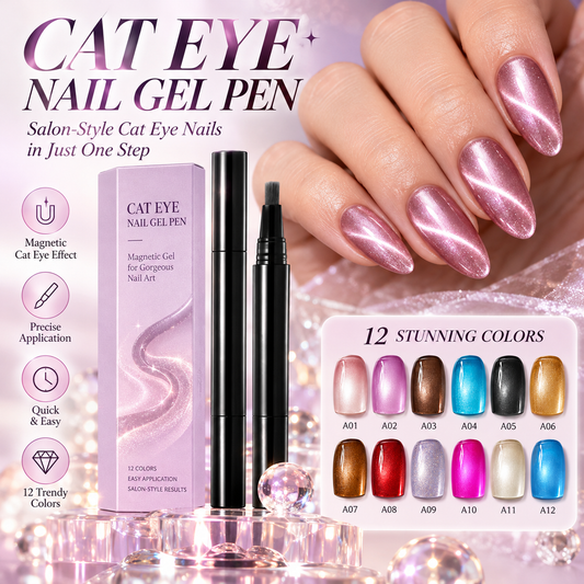 Magnetic Cat Eye Nail Polish Pen, Shimmer Glitter, 12 Colors, Easy DIY Nail Art