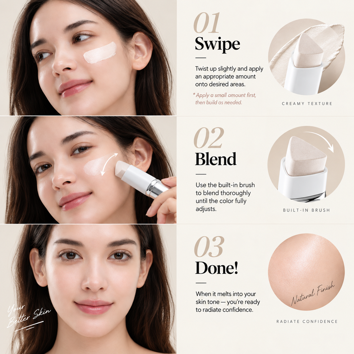 2-in-1 Color-Adapting Foundation Stick with Built-In Brush – Seamless Coverage