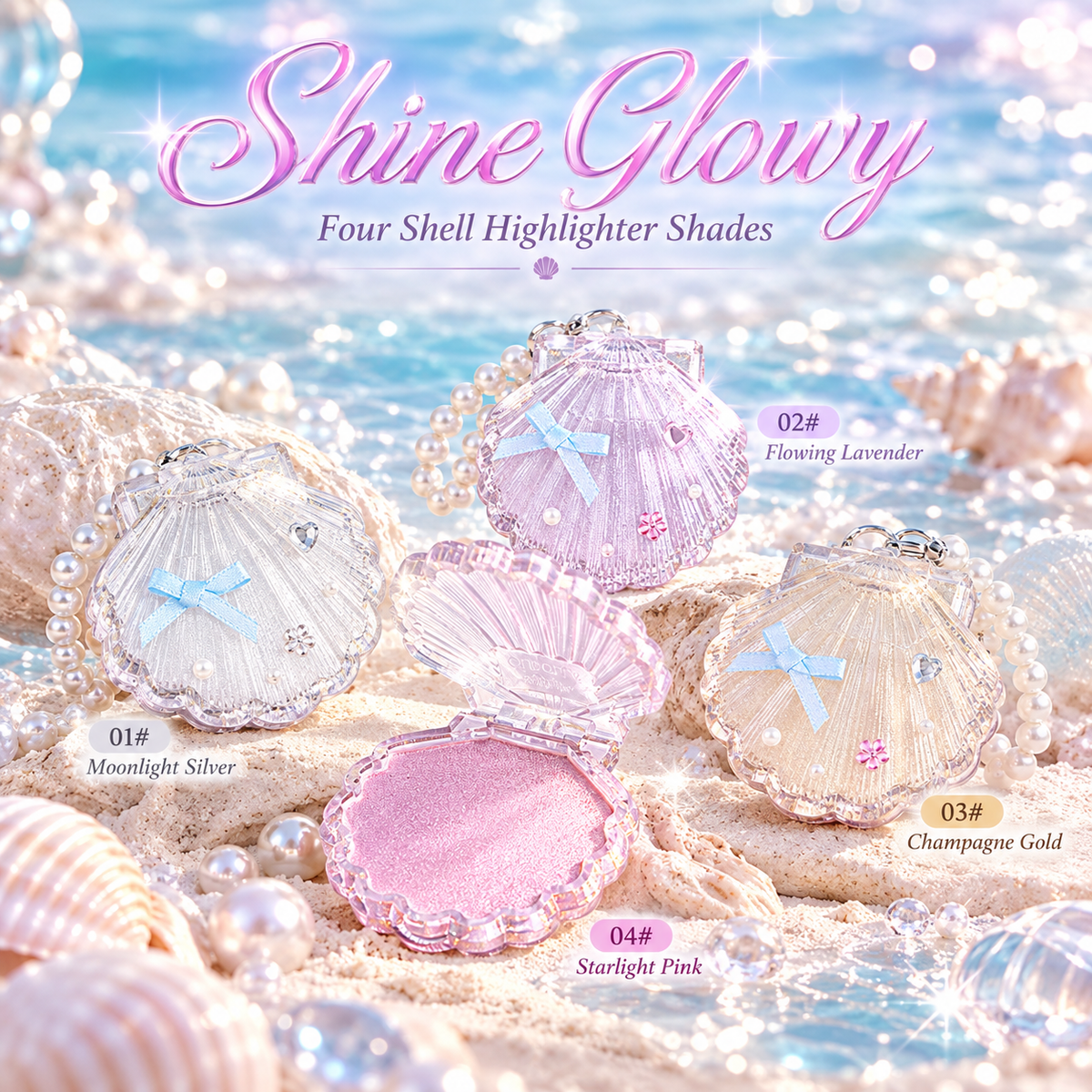Shell Bling Pearl Glow Highlighter Balm – Shimmer Makeup with Cute Seashell Compact & DIY Charms
